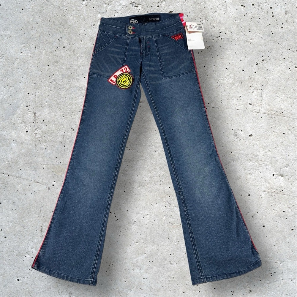 Vtg Y2K Ecko Red Deadstock Low Rise‎ Split Flare Jeans Embroidered Patch Sz 3